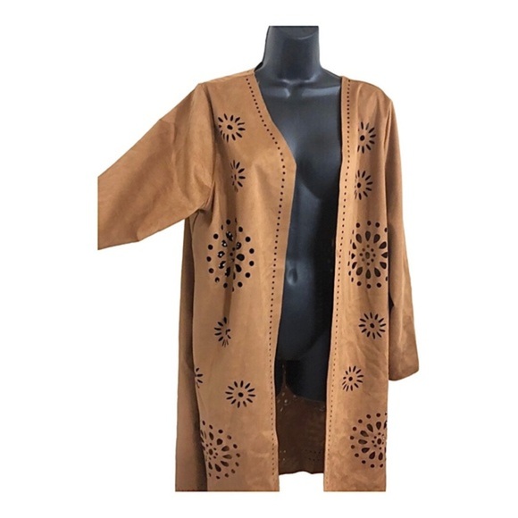 Brown boho laser cut faux suede overcoat topper jacket‎ size large new - Picture 17 of 17